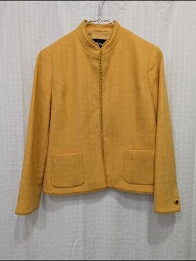 Louis Feraud Vintage Marigold Wool Tweed Blazer Braided Trim Mandarin Collar